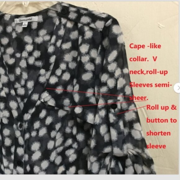 Quintessential Women Blouse Top Size L Capelet Collar Black Gray White Button - Picture 3 of 11